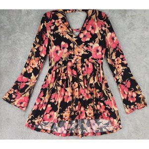 Free People Dress Womens 10 Black Floral Pleated Long Sleeve Mini Boho Keyhole